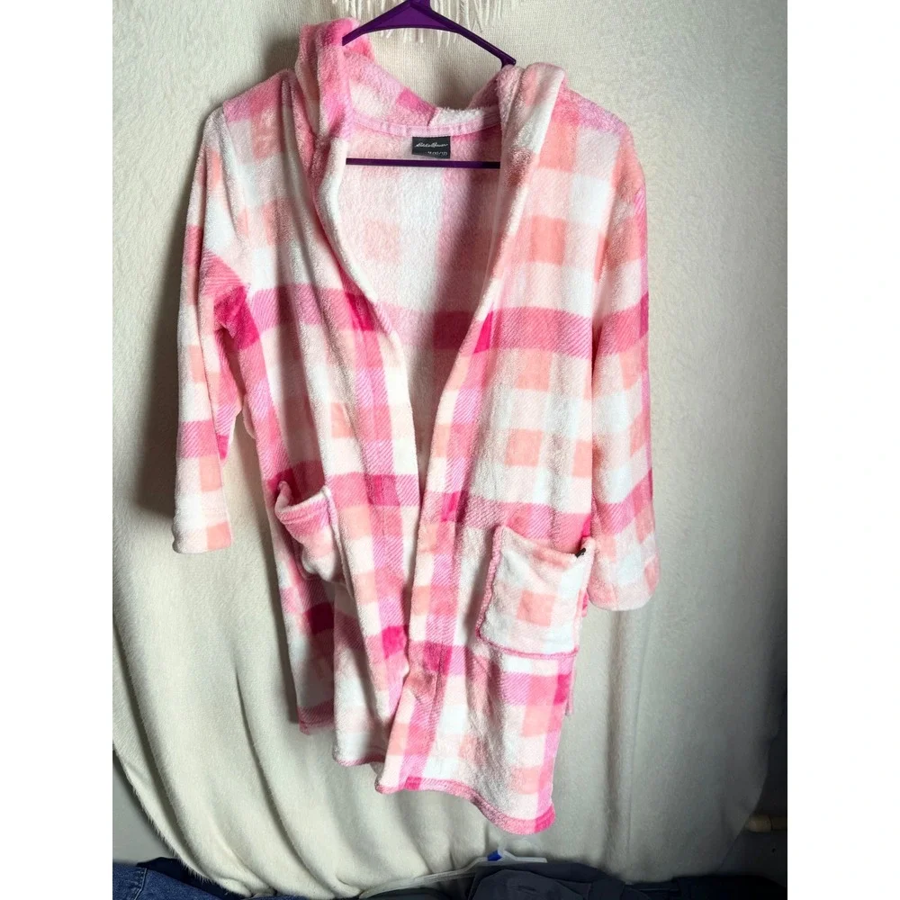 Eddie Bauer Kids Pink Plaid Plush Hooded Robe Size M 10/12 Fleece Bathrobe